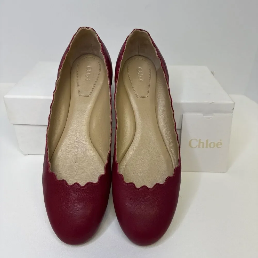 Chloe Lauren Scalloped Leather Ballet Flats Red Size EU 35.5 US 5.5